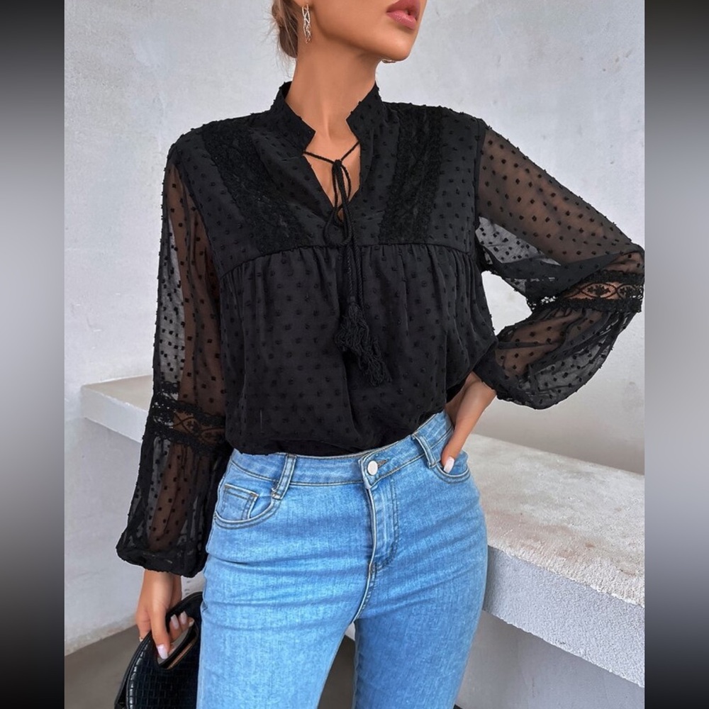 Boho black Swiss dot sheer blouse